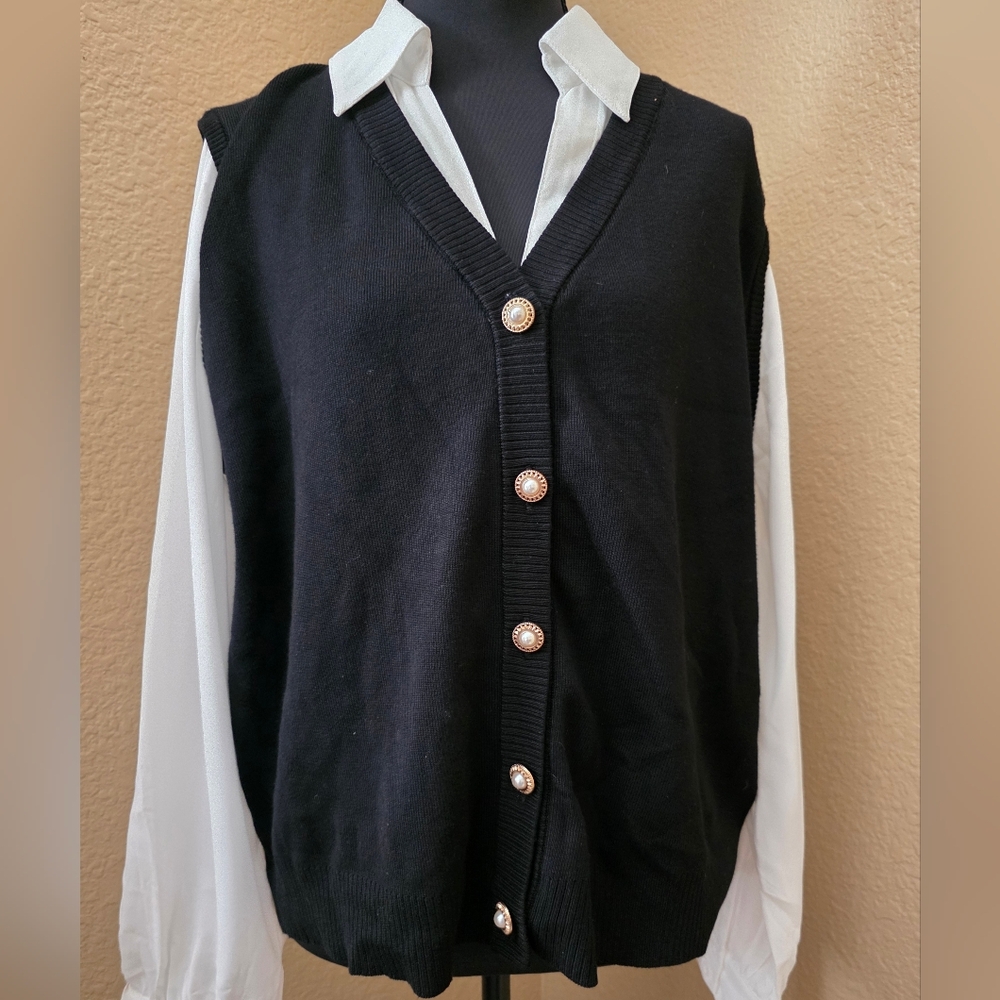 Adrianna Papell Black Button Down Sweater Vest Long Sheer Sleeves Classy Size L - Picture 1 of 14